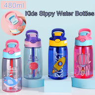 480ml Kids Sippy Water Bottle Creative Cartoon Design with Straws & Lids